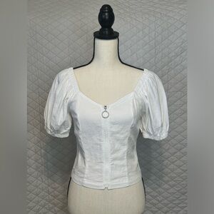 AQUA, zip front puff sleeve blouse